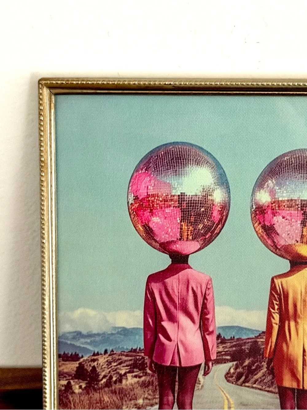 Vintage Surrealist Disco Ball Head Art 8x10 Gold Frame Eclectic Dopamine Decor